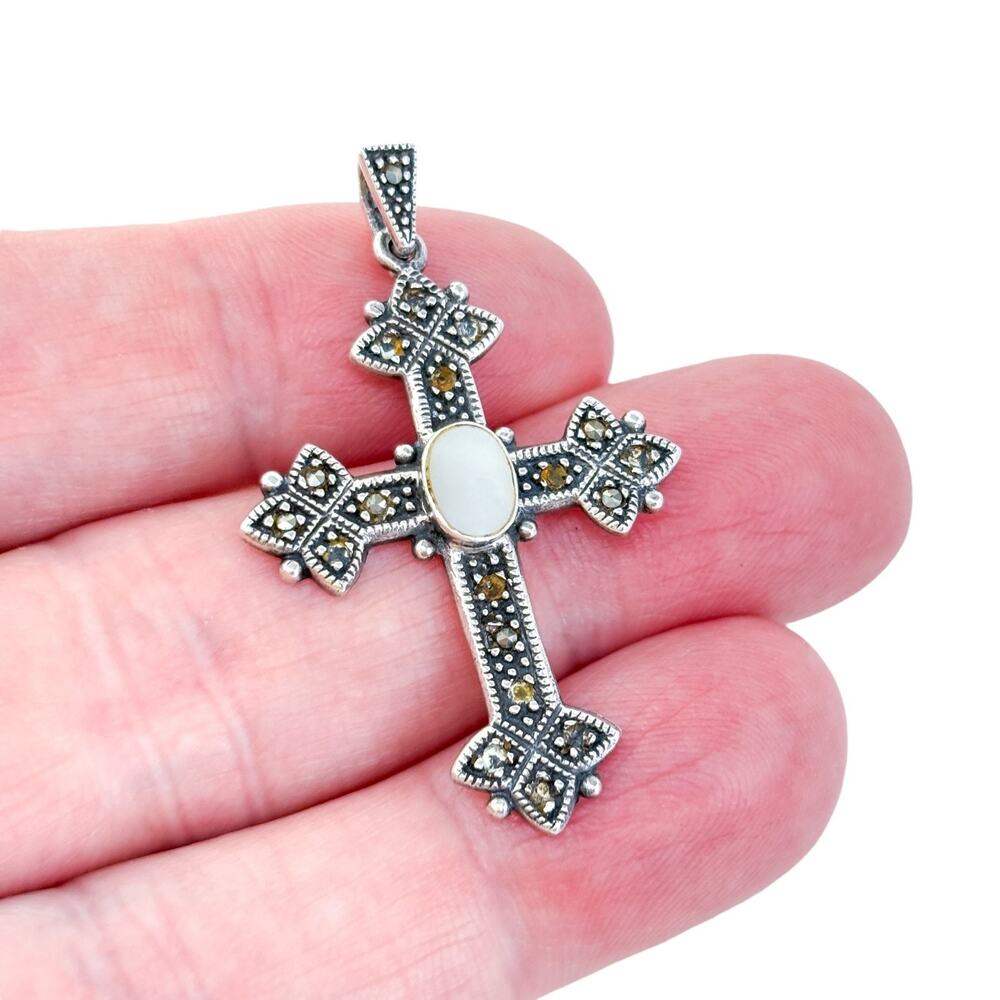 AS IS Vintage Sterling Silver 925 4.5cm Marcasite Mother of Pearl Cross Pendant